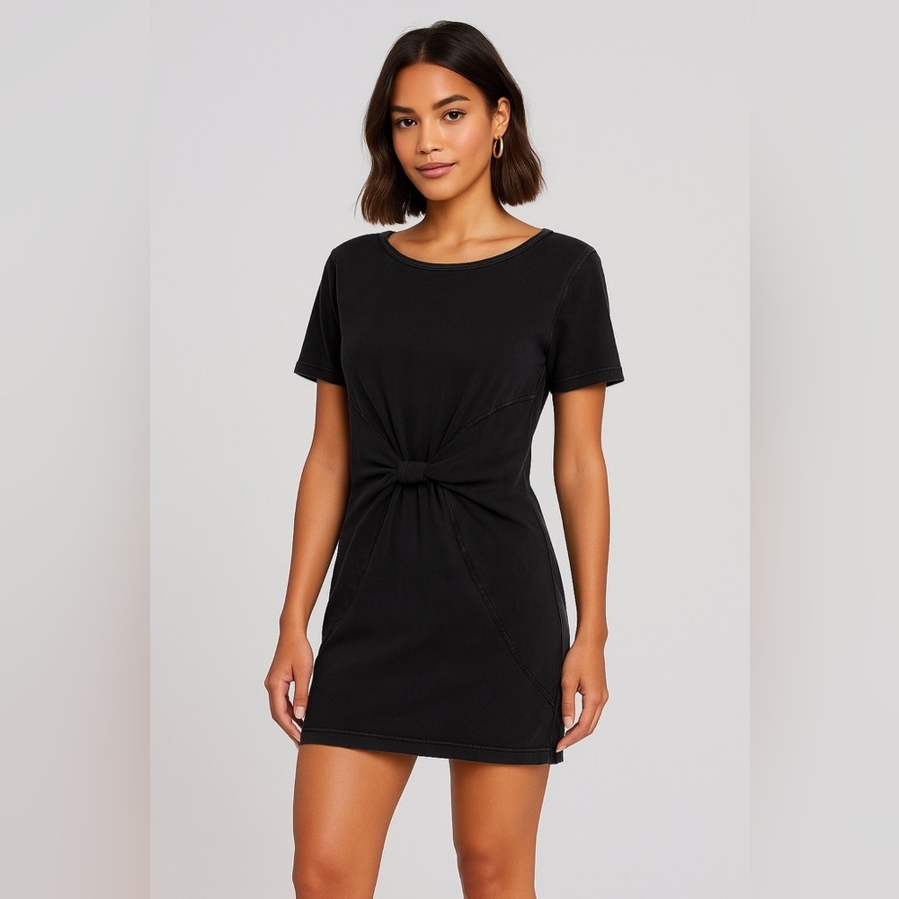 L Space Black Cotton Tie Front T-Shirt Dress Women’s Medium Casual Short Sleeve